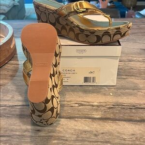 Coach Gold and Brown Signature Platform Sandals- Vintage 2007
